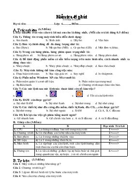 Kiểm tra 45 phút - Tin học 6 - Tiết 9